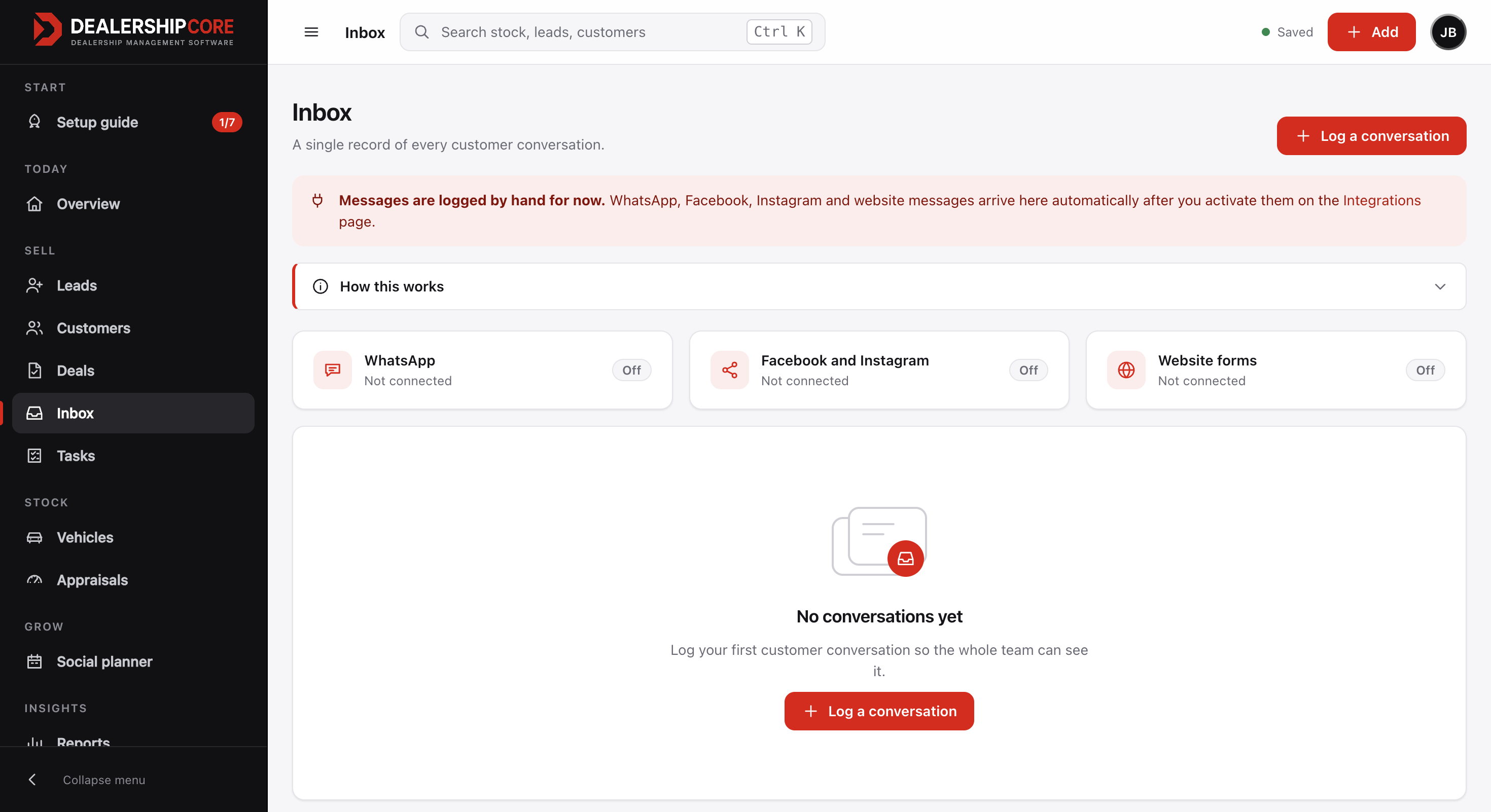 Live DealershipCore customer inbox dashboard
