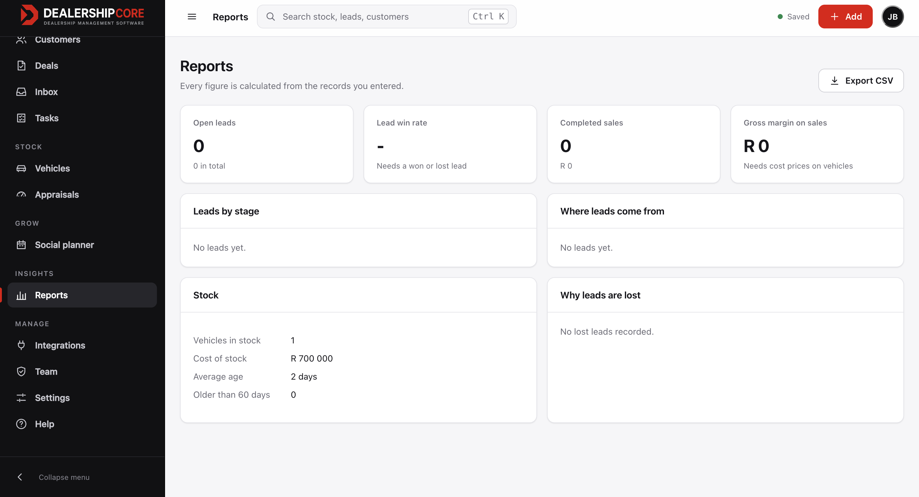 Live DealershipCore dealership reports dashboard