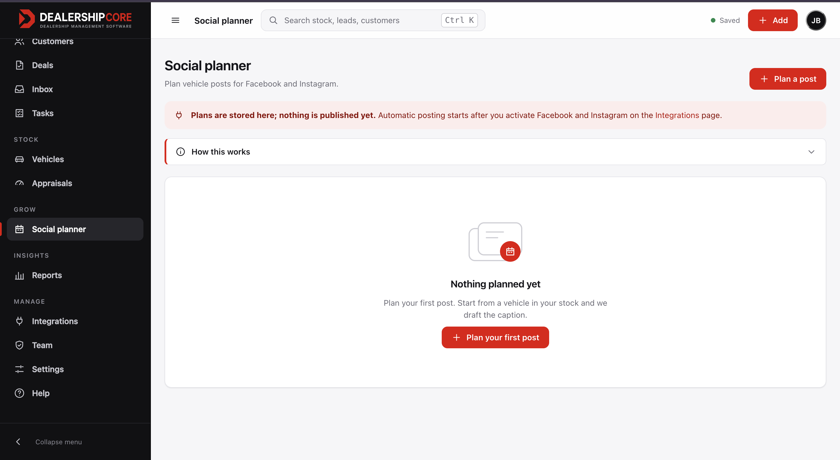 Live DealershipCore social planner dashboard