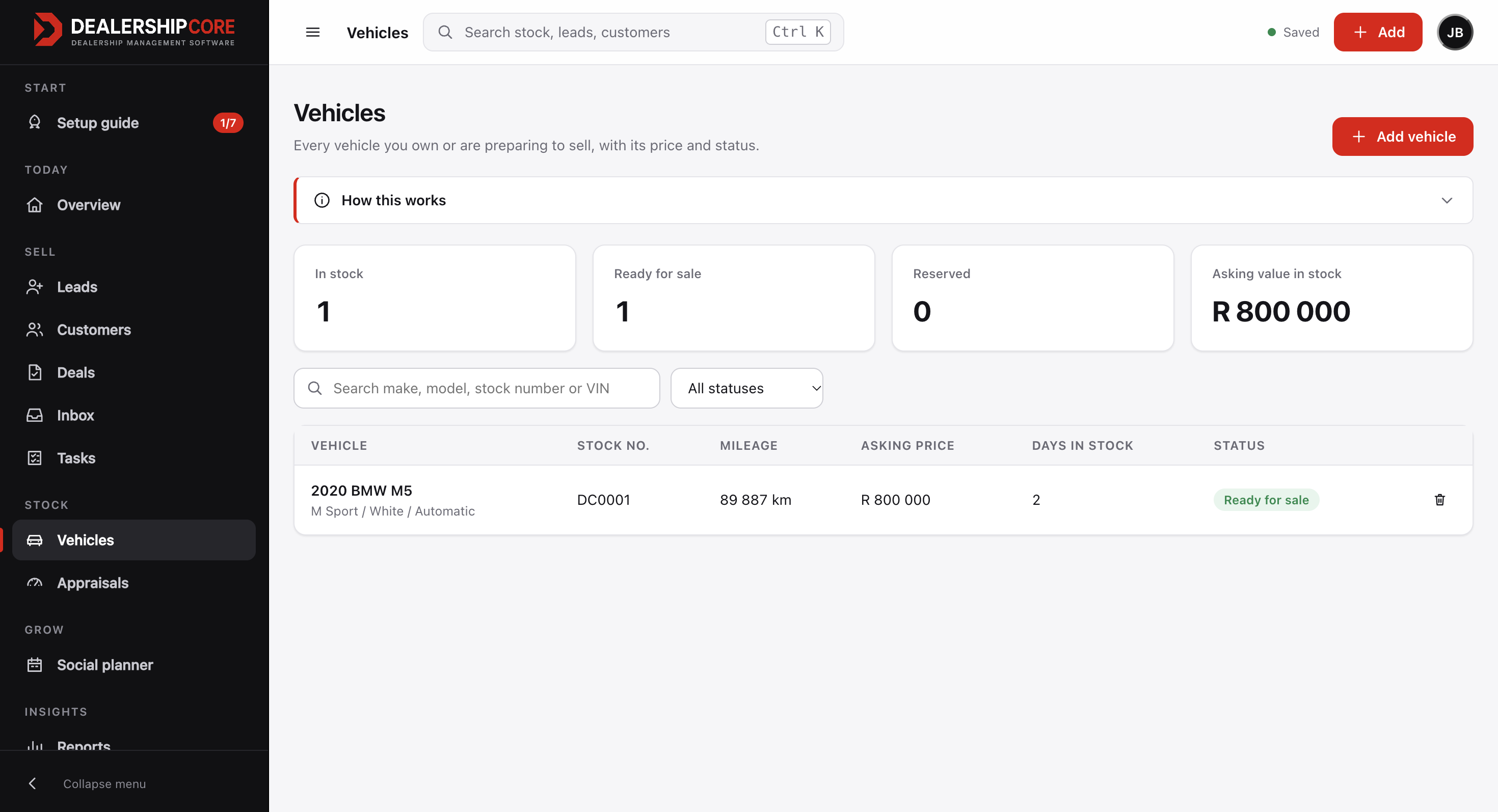 Live DealershipCore vehicle inventory dashboard