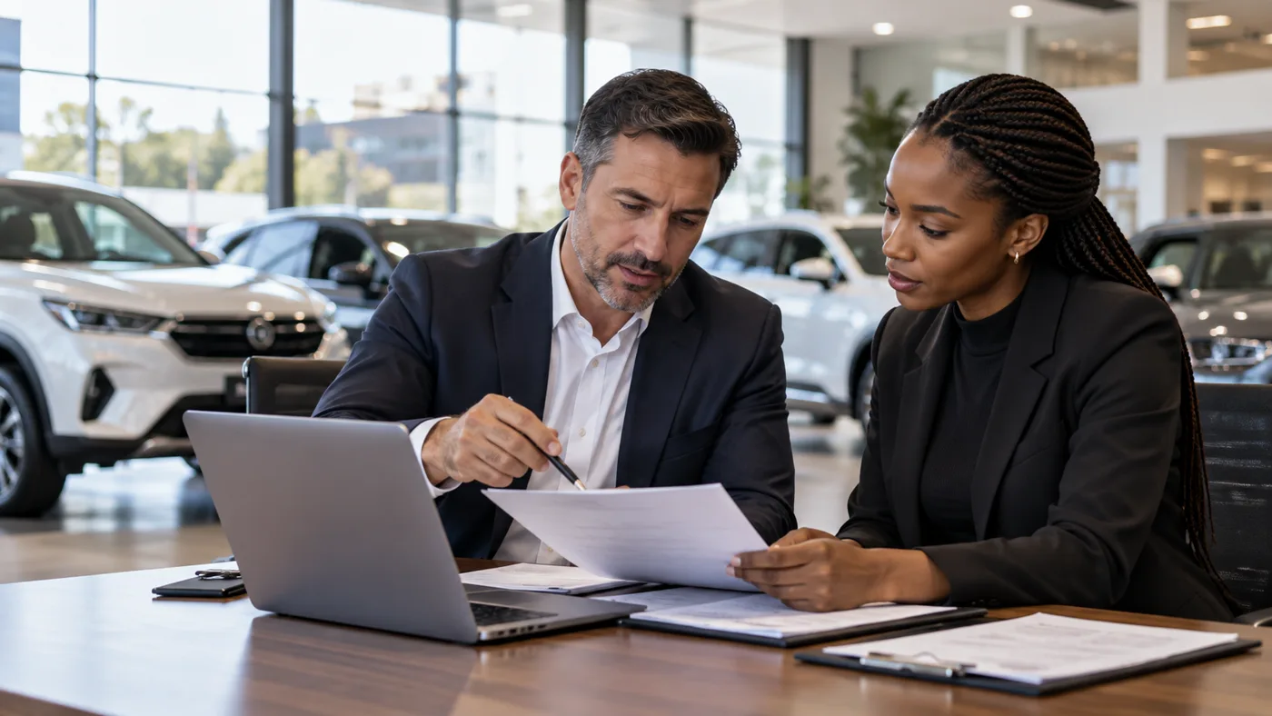 A dealer principal and sales manager reviewing stock and deal paperwork across a showroom table
