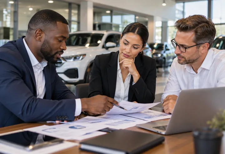 Three dealership managers reviewing stock and margin reports together in the showroom