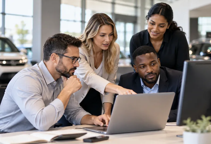 A dealership team reviewing one connected platform on a laptop in the showroom
