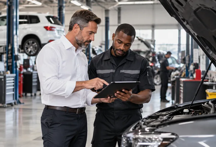 A dealership manager and a technician reviewing a job on a tablet in the workshop